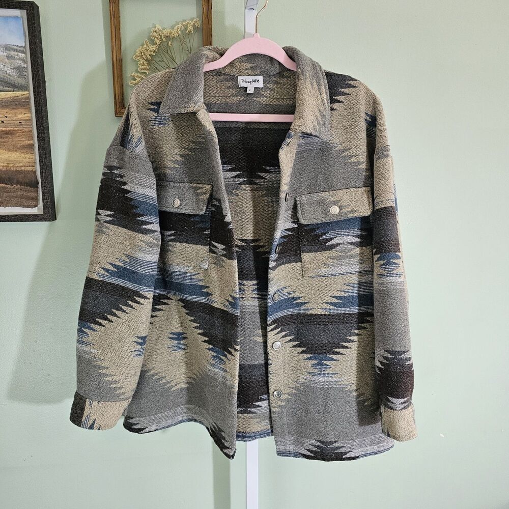 Prissy Jane Oversized Aztec Print Shirt Jacket Gray Beige Blue Womens‎ Large